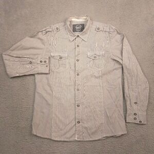 BKE Standard Fit Striped Military Style Button-Up Shirt Mens XL Gray Cotton